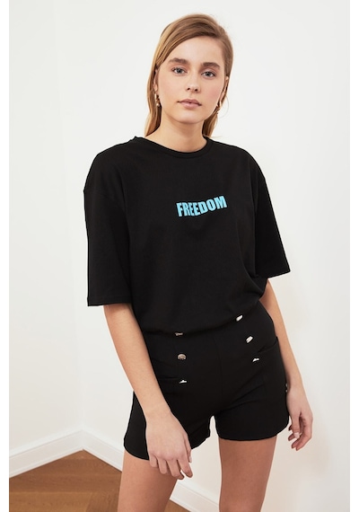 Blackjack Giyim Kadın Siyah Freedom Baskılı Tshirt Siyah