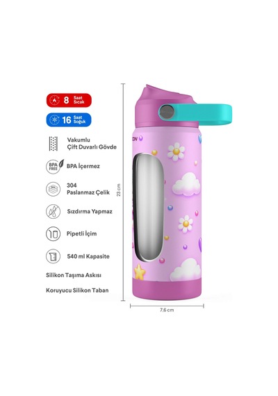 Puccon 540 Ml Sevimli Unicorn Baskılı Pembe - Mor Kız Çocuk Pipetli Çelik Termos Matara/suluk - 60048
