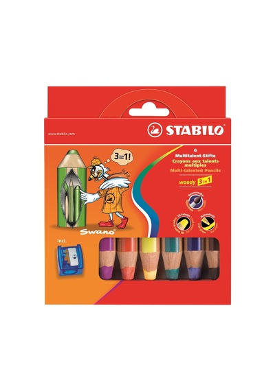 Stabilo Woody Kuru Boya 3in1 6 Renk Kalemtraş 124-Pembe