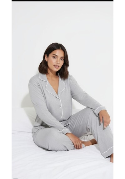 Düğmeli Biyeli Pijama Takımı Gri