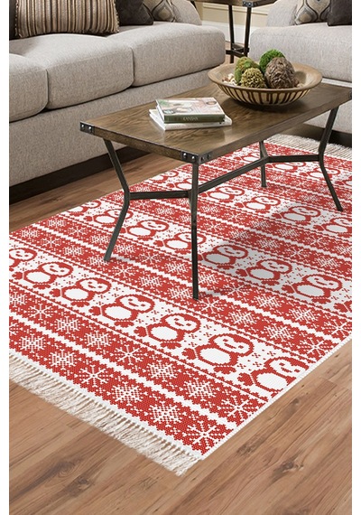 Alanur Home Kaymaz Dijital Mutfak & Salon Halı Star Pamuk Saçaklı E5184 Kırmızı