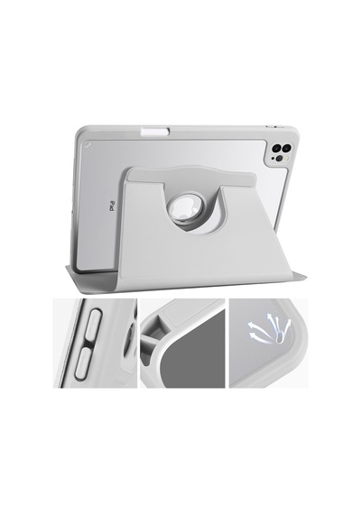 İpad Air 10.9 2022 5.nesil A2588-a2589-a2591 Uyumlu Kalem Bölmeli Dönebilen Standlı Termik Tablet Kılıfı - Gri - T25983
