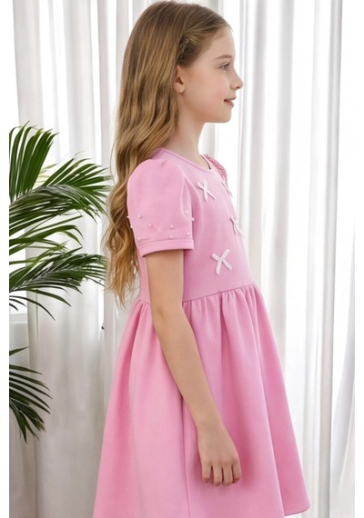 Fesshera Kids Kız Çocuk Fiyonk Detaylı Kolları İncili Düğme Kapamalı Abiye Elbise Kısa Kollu Özel Gün Parti Doğum Günü Elbisesi Pembe