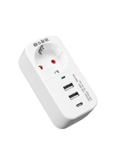 S-link Sl-011 16a-250v 750 Joule 2 Usb 1 Type C 5v2.4a Akım Korumalı Tekli Priz 0