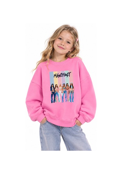 Fasardi Super Bear Adventure Baskılı Oversize 3 İplik Şardonsuz Uzun Kollu Unisex Çocuk Sweatshirt Pembe
