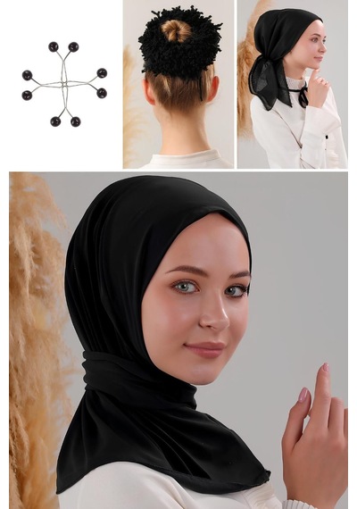 Melodi Scarf Kadın Tesettür Çıtçıtlı Şal Bone İç Başörtüsü Topuz Tokası Seti Siyah
