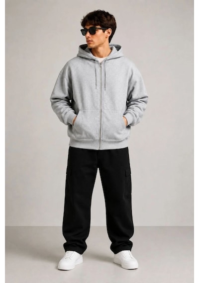 Erkek 3 İplik Şardonlu Tam Fermuarlı Kapüşonlu Arka Çanta Detaylı Sweatshirt - Gri