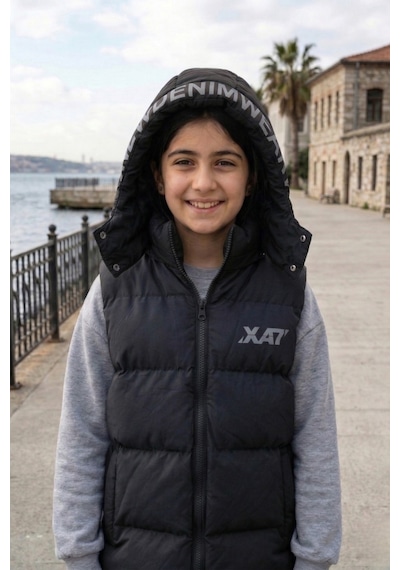 Pina Kids Unisex Çıtçıt Kapüşonlu Baskılı Şişme Yelek Siyah