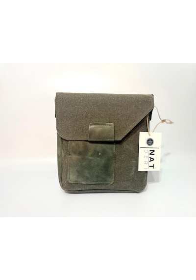 Natderi Hakiki Deri Ve Kanvas Omuz Çantası 20x21 Cm Ayarlanabilir Askılı, Ön Cepli Unisex Günlük Çanta Haki