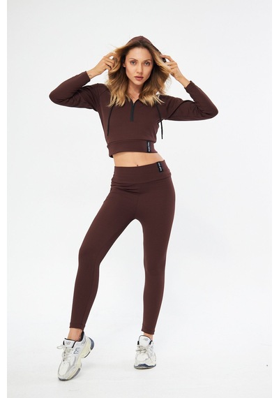 Lesa Wear Fitilli Kapüşonlu Içi Polarlı Yumaşacık Şardonlu Kaşkorse Crop Sweatshirt Kahverengi