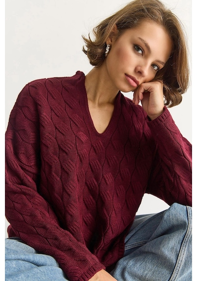 Shade Kadın Oval Yaka Saç Örgü Oversize Triko Kazak Tk241277 60284091 - Bordo