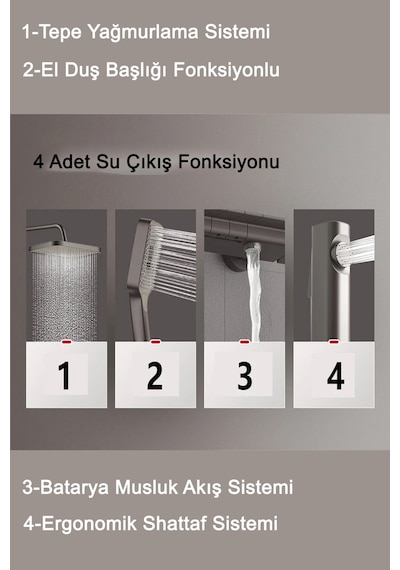 Aquashower Gri Piyano Banyo Batarya Robot Tepe Yağmurlama Duş Seti Yeni Nesil Duş Takımı Garantili Gri