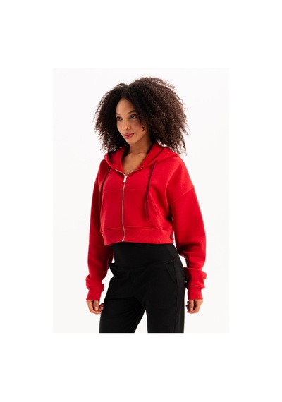 Justever Crop Kapüşonlu Fermuarlı Kanguru Cepli Şardonlu Hoodie Kırmızı Kadın Sweatshirt - Lumen Kırmızı