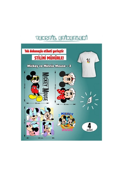 Ütü İle Yapışan Kıyafet Etiketi Mickey Ve Minnie Serisi -3 4lü Set Karışık