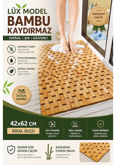 Lüx Model Bambu Kaydırmaz Banyo Paspası 42x62 Cm Suya Dayanıklı Doğal Bambu Zemin Matı Ahşap
