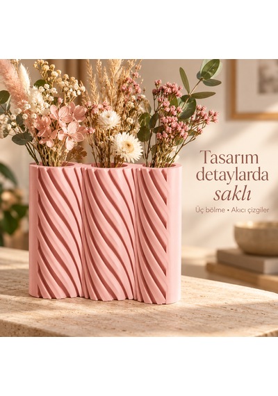 Çizgili Modern Tasarım Üç Bölmeli Dekoratif Vazo - Çiçeklik Açık Pembe