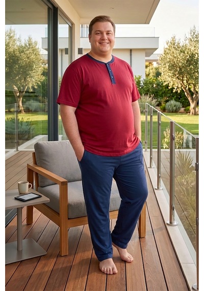 Bravie Erkek Yakası Düğmeli Altı Uzun Kısa Kollu Pamuklu Büyük Beden Yazlık Pijama Takımı Bordo Bordoo