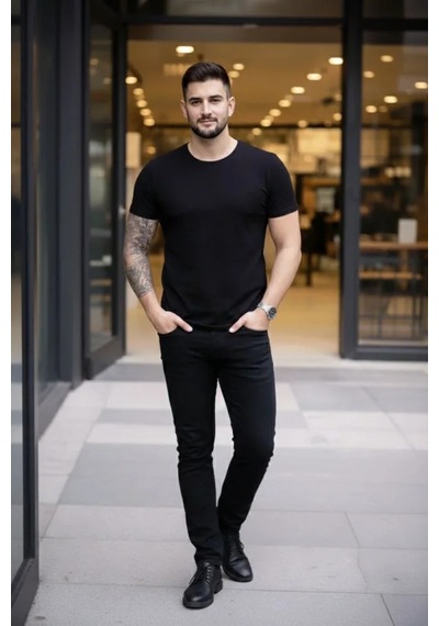 Efnaz Style Erkek T-shirt Bisiklet Yaka Slim Fit Dar Kesim Likralı Tişört Günlük Basic Body - Siyah