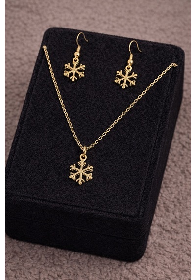 Gümüş Rengi Kar Tanesi 2li Kolye Küpe Set Takımı Sarı