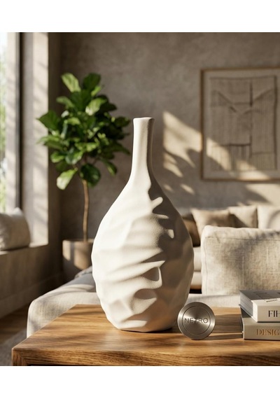 Dalgalı Model El Yapımı Özel Seri Testi Modeli Seramik Vazo 30 Cm Beyaz