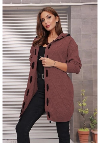 Aqe Fashion Kapüşonlu Kabartma Desenli Şerit Garnili Tarçın Hırka Tarçın