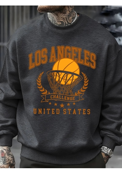Startmore Tarzsokak Los Angeles Basketbol Mücadelesi Baskılı Sweatshirt Erkek Retro Hip Hop Kıyafetleri Günlük Ka Antrasit