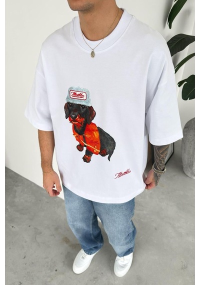 Beyaz Cap Dog Baskılı Premium Oversize Tişört