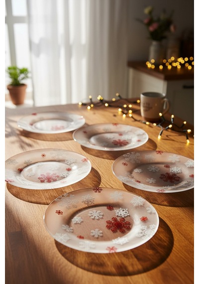 Crystal - 6'lı Cam Pasta Tabağı Kahvaltı Tabağı Seti Cam Tabak Yılbaşı Seti 19 cm