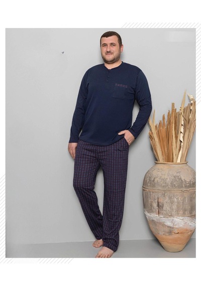 Pijamoni Erkek Battal Düğme Yaka Penye Uzun Kol Pijama Takımı 6720/8 - 1 Adet Lacivert