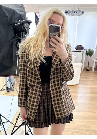 Modaonna Ekose Desen Rahat Kalıp Blazer Ceket Kahverengi