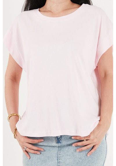 Lela Pamuklu Rahat Kalıp Bisiklet Yaka T Shirt Bayan T Shirt 5866955 Pembe