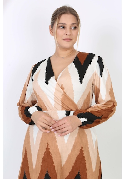 Mooi Xxl Kadın Kahve Zigzag Desen Kruvaze Yaka Balon Kol Maxi Boy Bürümcük Elbise Kahverengi