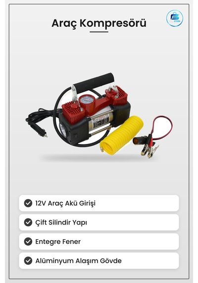 Araç Kompresörü 12v Çift Silindir 150 Psı Fenerli Bar Göstergeli