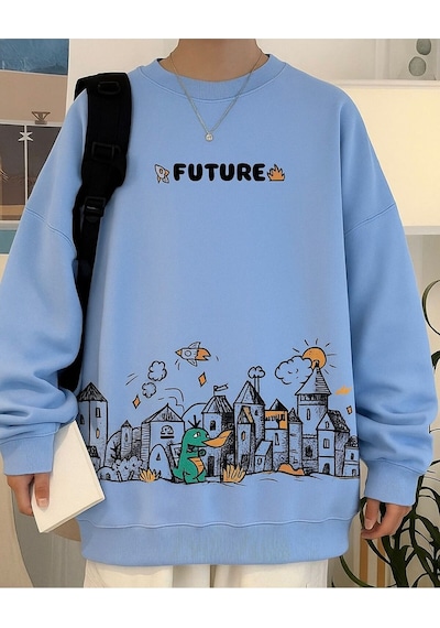 Benroma 3 İplik Penye Future Baskılı Unisex Sweatshırt Bebe Mavisi