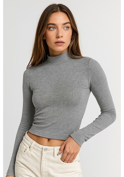 Rich Kadın Gri Melanj Yarım Balıkçı Yaka Uzun Kollu Crop Bluz Gri Melanj
