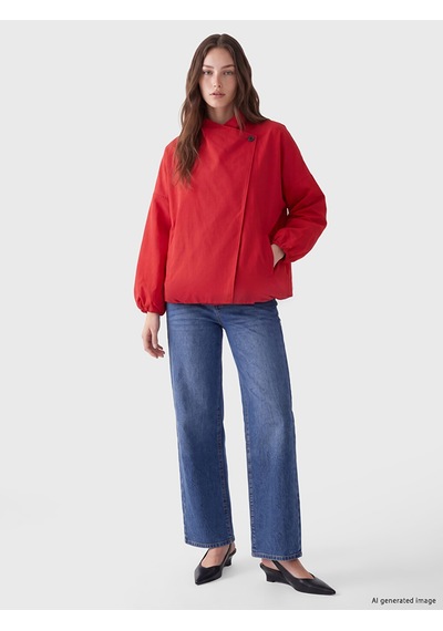 Lcw Modest Kırmızı Hakim Yaka Oversize Kadın Yağmurluk