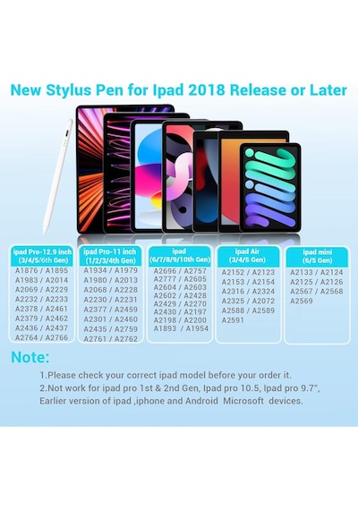 Apple Uyumlu iPad  10.2 2021 9.nesil Avuç Içi Algılamayan Stylus Kalem 3 Adet Yedek Uç Dahil