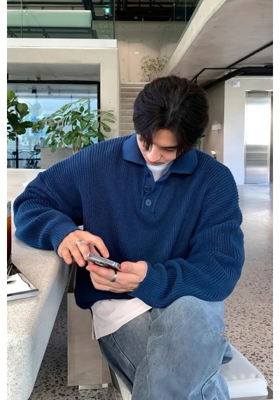 Cool Tarz Erkek Lacivert Düğmeli Regular Polo Yaka Triko Kazak Lacivert Lacivert