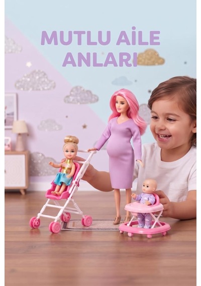 Hamile Anne Ve Bebekleri 3 Bebekli Dönen Karınlı Haraketli Eklemli Aksesuarlı Oyuncak Bebek Seti Pembe