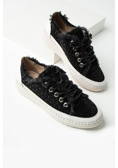 Aria 2410 Kadın Taşlı Kot Sneaker Ayakkabı Siyah Siyah