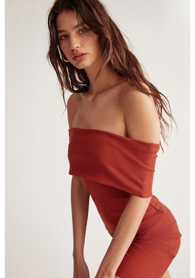 Grımelange Julene Kadın Esnek Fitilli Kumaşlı Bardot Yaka Bodycon Vücüdu Saran Midi Kiremit Rengi Elbise