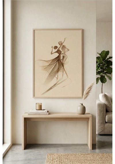 Doğal Ahşap Çerçeveli Soyut Dans Eden Figür Modern Minimalist Duvar Tablosu Ahşap