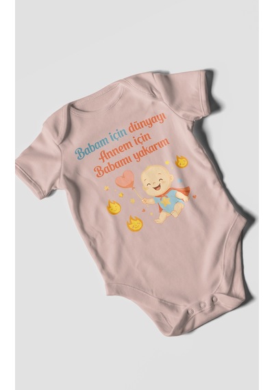 Morivokids Babaya Ve Anneye Özel Kısa Kollu Bebek Body %100 Pamuk Pastel Pembe