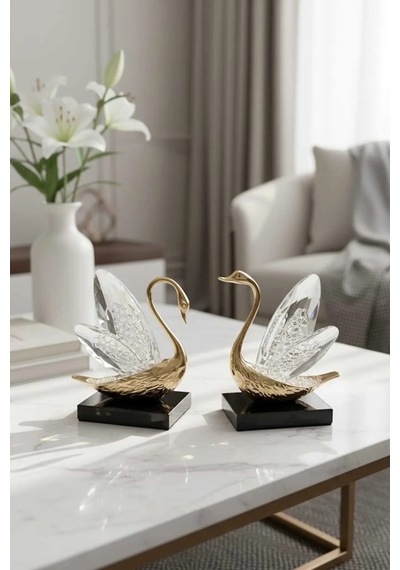 Dekoratif Kristal Cam 2li Kuğu Seti Gold