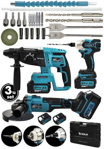 Assur ASR1021-02-05 21V Hilti Somun Sökme Taşlama 3'lü Set Mavi