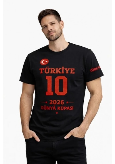Efnaz Style Erkek Türkiye Baskılı Tişört 2026 Dünya Kupası Taraftar Forma T-shirt - Siyah