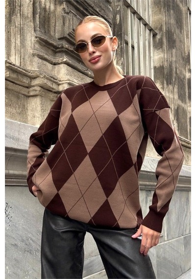 Veraura Lifestyle Kahverengi Baklava Triko Kazak
