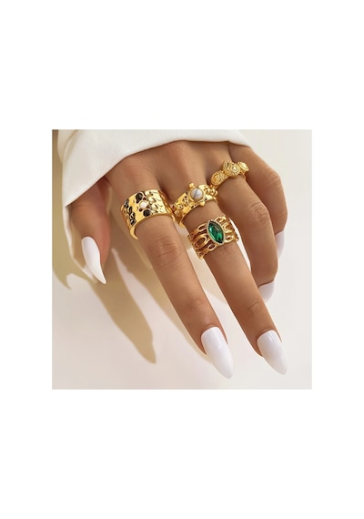 Crown 4 Adet Gold Renkli Yeşil Taşlı Retro & Vintage Tasarım Çoklu Altın Yüzük Seti