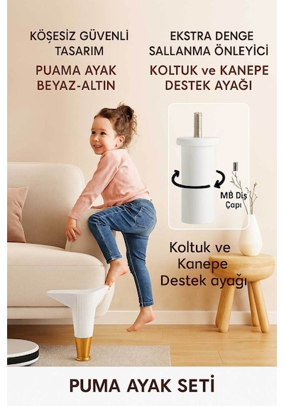 Puma 15 Cm Beyaz-altın 6'lı Set Mobilya Kanepe Tv Ünitesi Dolap Konsol Ve Destek Ayağı Beyaz-altın