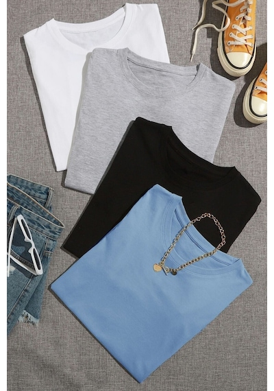 Uyguntarz Unisex Basic Model 4'lu Tshirt Bebe Mavisi